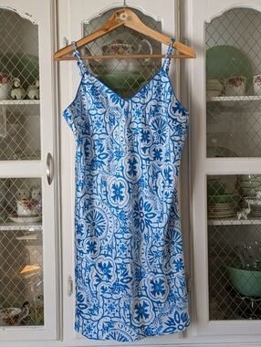 Silky Slip Nightie Blue & White Printed Spaghetti Strap